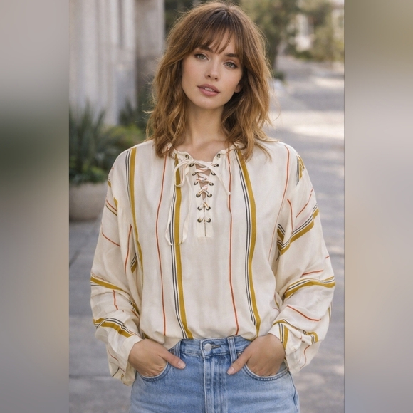 Frame Denim Tops - Frame Lace Up Top in the "Saffron Summer Stripe" pattern